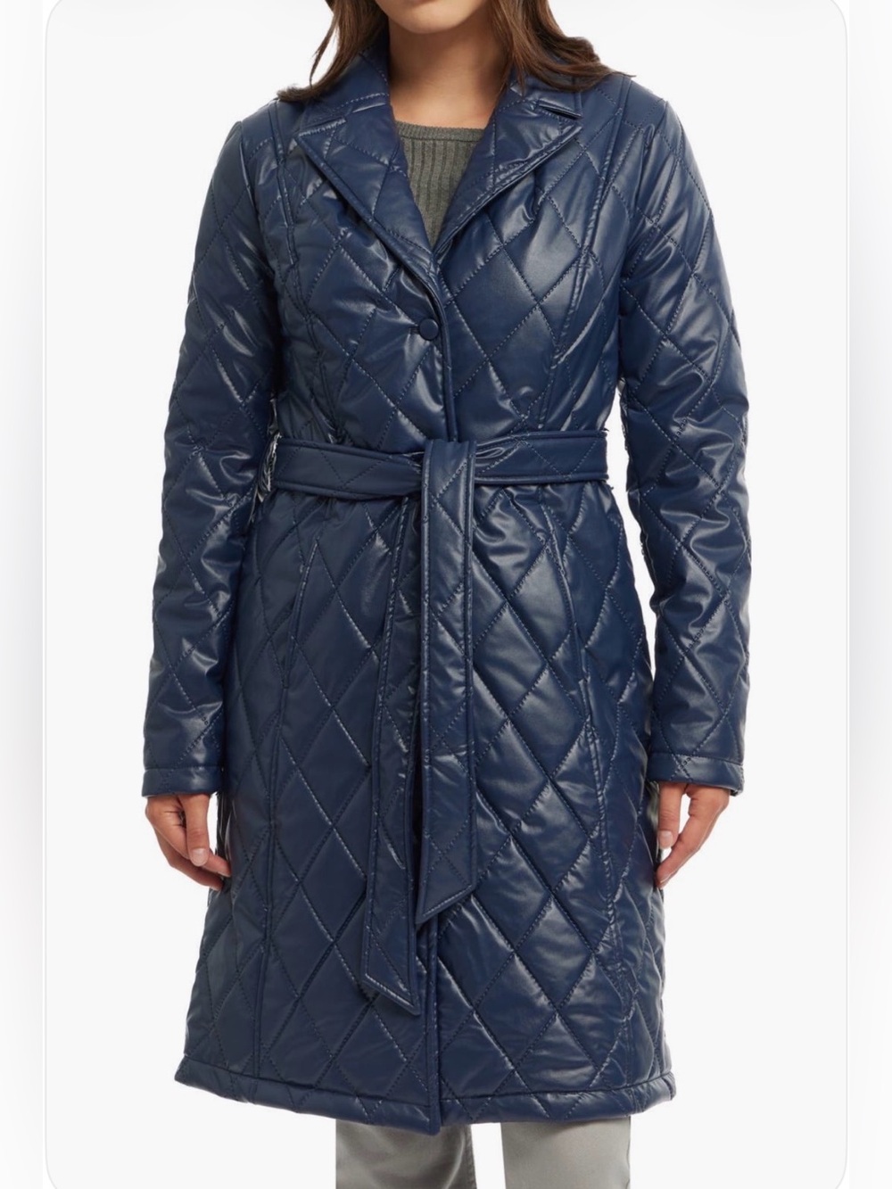 Badgley Mischka Yolanda Diamond Quilted Faux Leather Trench Coat Navy Blue S NWT